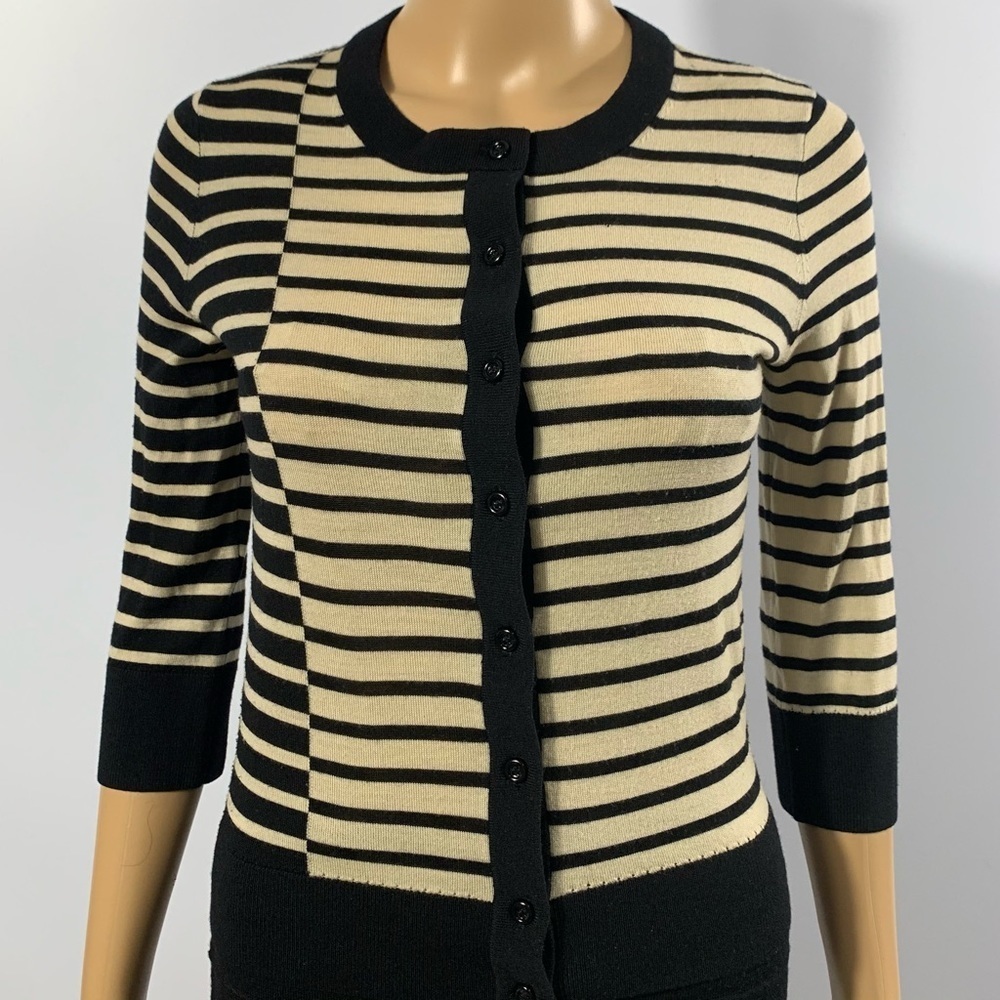 KATE SPADE Black And Cream Silk/Cotton Blend 3/4 Sleeves Striped Cardigan Size S